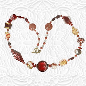 Multi Red and Gold Murano Glass Bead Necklace 24 Inches