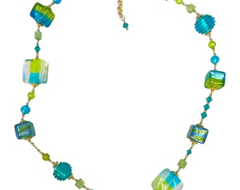 Collier de perles de verre de Murano turquoise et bleu Caribe 18 pouces
