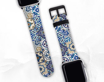 Band For Apple Watch  1, 2, 3, 4, 5, 6, 7 & SE, Watch Band 38/40/41mm 42/44/45mm Apple Watch Strap, Vegan Leather Portuguese Tile Print