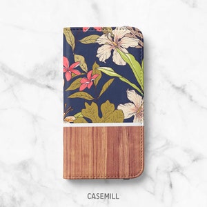 Wood Print Tropical Wallet Case for iPhone 14, 14 Pro Max, 14 Plus, 13, 13 Mini, 12 Pro, 12, 11, 11 Pro Max, SE, XR, Folio Case
