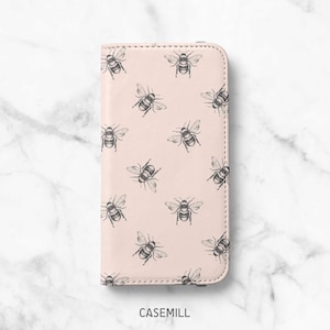 Funda tipo cartera con diseño de abeja rosa para iPhone 14, 14 Plus, 14 Pro, 13 Mini, 13 Pro, 12 Pro Max, 12 Pro, 11, 11 Pro Max, SE, XR, XS, 8, 8 Plus