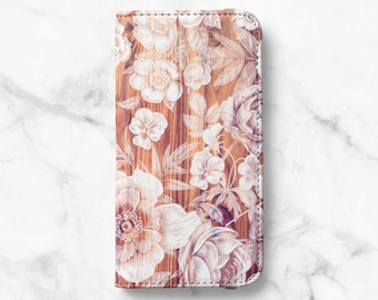 Wood Print Floral Folio Wallet Case For Samsung Galaxy S22, S21, S21 Plus, S21 Ultra, S20, S20 Ultra, S10, S10 Plus, S9, S9 Plus