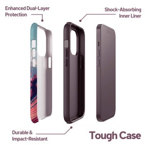 The image is a collage of three images depicting the features of a rugged, shock-absorbing, and durable case for a smartphone.