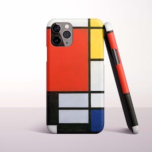 May include: A smartphone case featuring a geometric pattern of bold black lines forming rectangular blocks of primary colors including red, yellow, and blue, alongside white and black sections. The design covers the back and side edges.