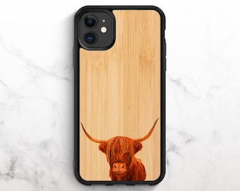 Real Wood iPhone Case iPhone 11 Case iPhone XR Case iPhone 8 Case iPhone 11 Pro Case iPhone XS Case iPhone SE Case Highland Cow Print