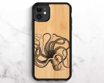 Real Wood iPhone Case iPhone XR Case Bamboo iPhone 11 Case iPhone 8 Case iPhone 11 Pro Case iPhone XS Case iPhone 8 Plus Case Octopus Print