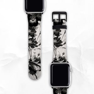 Black Ink Floral Band For Apple Watch Series 1, 2, 3, 4, 5, 6, SE, 7 & 8 Watch Band 38/40/41mm 42/44/45mm Apple Watch Strap, Vegan Leather