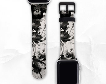 Black Ink Floral Band For Apple Watch Series 1, 2, 3, 4, 5, 6, SE, 7 & 8 Watch Band 38/40/41mm 42/44/45mm Apple Watch Strap, Vegan Leather