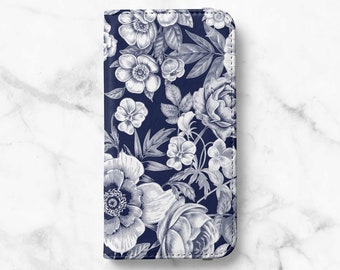 Blue Floral Print Folio Wallet Case For Samsung Galaxy S21, S21 Plus, S21 Ultra, S20, S20 Ultra, S10, S10 Plus, S9, S9 Plus, S8, S8 Plus.