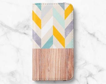 Chevron Wood Print Wallet Phone Case for Samsung Galaxy S26, S25, S24 Ultra, S23 Plus, S22, S21, S20 - Faux Leather Folio Flip Cover
