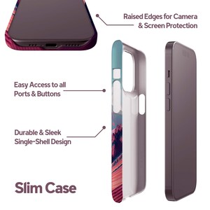 The image is a detailed view of a slim case designed for a smartphone, highlighting its features such as raised edges for camera and screen protection, easy access to ports and buttons, durability and sleek single-shell design, and a slim profile.