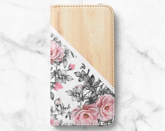 Wood Print Floral Folio Wallet Case For Samsung Galaxy S21, S21 Plus, S21 Ultra, S20, S20 Ultra, S10, S10 Plus, S9, S9 Plus, S8, S8 Plus.