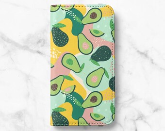 Avocado Pattern Faux Leather Wallet Case for iPhone 18 Pro, 17, 16 Pro Max, 16e, 15 Plus, 14 Pro, 13 Mini - Samsung S26, S25, S24, S23 Ultra