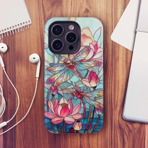 Custodia per telefono con libellula in vetro colorato per iPhone 16e, iPhone 15 Pro Max, iPhone 14+, iPhone 13, Samsung S25, S24 Plus, S23 Ultra, Pixel 9