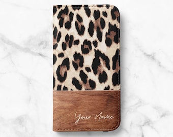 Leopard Print Personalized Wallet Case for iPhone 18 Pro, 17, 16 Pro Max, 16e, 15 Plus, 14 Pro, 13 - Samsung S26, S25, S24, S23 Ultra