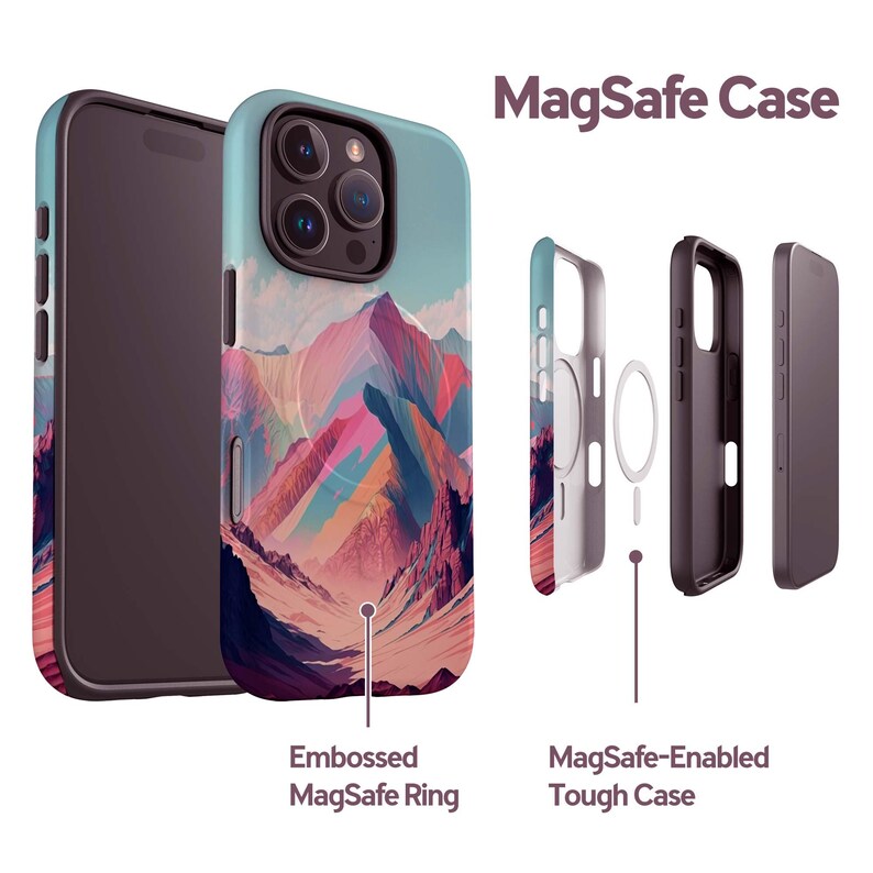 a colorful phone case with a mountain landscape design, and it is described as an "Embossed MagSafe Ring" and a "MagSafe-Enabled Tough Case".