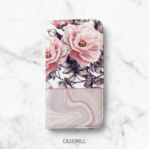 Marble Floral Folio Case for iPhone 14, 14 Plus, 14 Pro, 13 Mini, 13 Pro, 12 Pro Max, 12 Pro, 11, 11 Pro Max, SE, XR, XS, 8, 8 Plus