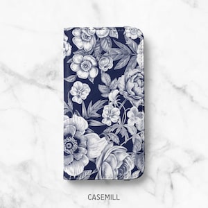 Blue Floral Wallet Case for iPhone 14, 14 Plus, 14 Pro, 13 Mini, 13 Pro, 12 Pro Max, 12 Pro, 11, 11 Pro Max, SE, XR, XS, 8, 8 Plus