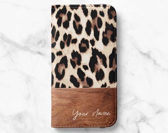 Leopard Print Personalized Wallet Case for iPhone 17, 16 Pro Max, 16e, 15 Plus, 14 Pro, 13 Mini, 12 - Samsung S26, S25, S24, S23 Ultra