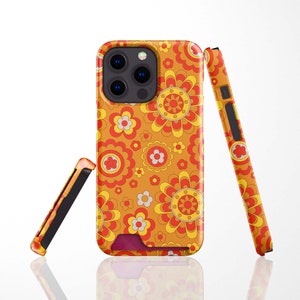 Coque pour iPhone 14 Pro, 14 Plus, 13 Mini, 13 Pro avec fente pour carte, orange, fleurs rétro, étui pour Samsung S22 Plus, S22 Ultra, S21 porte-cartes