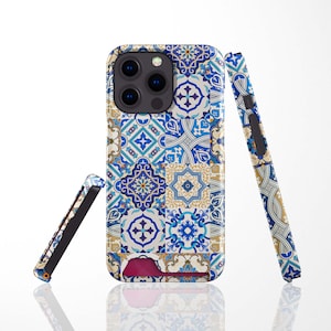 Coque pour iPhone 14 Pro, 14 Plus, 13 Mini, 13 Pro Max avec fente pour carte, carreaux marocains, porte-cartes pour Samsung S22 Plus, S22 Ultra, S21