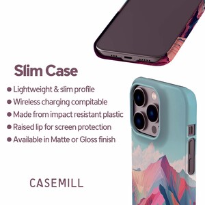 The image is an advertisement for a slim case for an iPhone, highlighting its lightweight and slim profile, wireless charging capability, impact resistant plastic material, and screen protection raised lip. It also mentions that the case is available in matte or gloss finish.