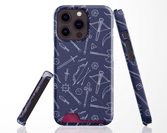 May include: Navy blue phone case with a white line art pattern of fantasy weapons and dice. The case is shown from multiple angles, highlighting the design on the front and sides. The case is designed to fit a smartphone.