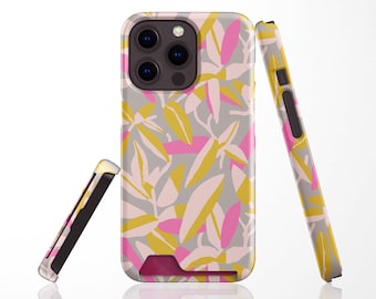 May include: A smartphone case with a gray background and a repeating pattern of pink and yellow leaves. The case is shown from multiple angles, highlighting the design on the front and sides.