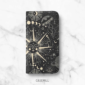 Celestial Wallet Phone Case for iPhone 17, 16 Pro Max, 15 Plus, 14 Pro, 13 Mini, 12, 11 - Faux Leather Folio Flip Cover