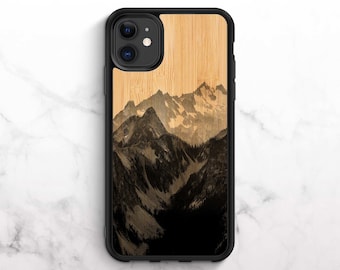 Wooden iPhone Case iPhone 12 Case Bamboo iPhone 11 Case iPhone XR Case iPhone 8 Case iPhone XS Case iPhone 8 Plus Case Mountain Print