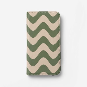 Funda para teléfono tipo billetera de piel sintética con diseño de ondas verdes: elegante funda para teléfono con estampado y tarjetero