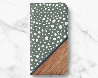 Polka Dot Wood Print Folio Wallet Case For Samsung Galaxy S22, S22 Plus, S21, S21 Plus, S21 Ultra, S20, S20 Ultra, S10, S10 Plus, S9