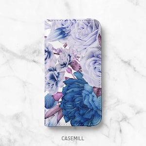 Indigo Floral Folio Case for iPhone 14, 14 Plus, 14 Pro, 13 Mini, 13 Pro, 12 Pro Max, 12 Pro, 11, 11 Pro Max, SE, XR, XS, 8, 8 Plus, 7,