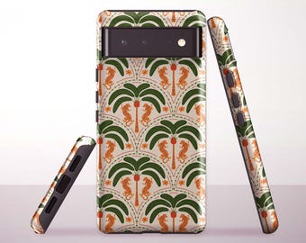May include: A phone case with a repeating pattern of green palm trees, orange seahorses, and small orange flowers on a cream background. The case is shown in three orientations, highlighting the design on the front and sides.