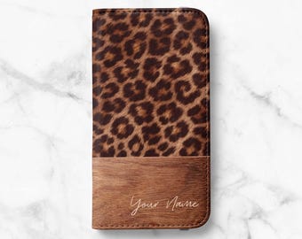 Dark Leopard Print Personalized Wallet Case for iPhone 18 Pro, 17, 16 Pro Max, 16e, 15 Plus, 14 Pro, 13 - Samsung S26, S25, S24, S23 Ultra