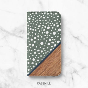 Polka Dot Wood Print iPhone 14 Pro, 14 Plus, 13, 13 Pro, 12 Mini, 12 Pro Max, Wallet Case for 11, XR, SE, 8 Plus, Flip Faux leather Case