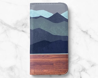Mountain Wood Print Wallet Phone Case for Samsung Galaxy S26, S25, S24 Ultra, S23 Plus, S22, S21, S20 - Faux Leather Folio Flip Cover
