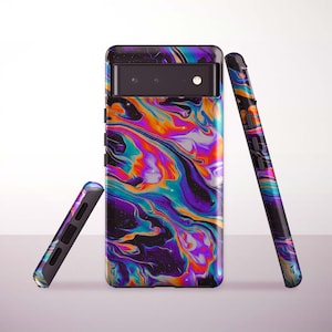 May include: Three phone cases with a colourful, abstract design. The cases display a swirling pattern of purple, orange, teal, and black. The cases are positioned in different ways, showing the design on the front and sides.