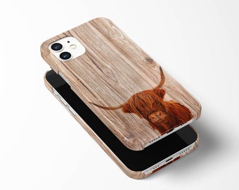 Highland Cow Wood Print Case for iPhone 13, 13 Pro, 12 Pro, 11, SE, Phone Case for Samsung S21, S20, S10, Cell Phone Case for Pixel 5, 4, 4a