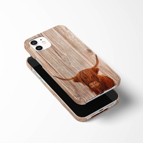 Highland Kuh Holz Print Case für iPhone 15, 14 Pro, 13 Pro, 12, 11, Handyhülle für Samsung S23, S22, S21, Handyhülle für Pixel 7, 6, 5