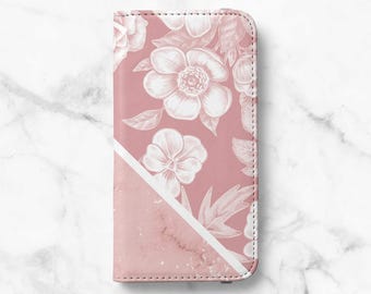 Marble Floral Wallet Phone Case for Samsung Galaxy S26, S25, S24 Ultra, S23 Plus, S22, S21, S20 - Faux Leather Folio Flip Cover