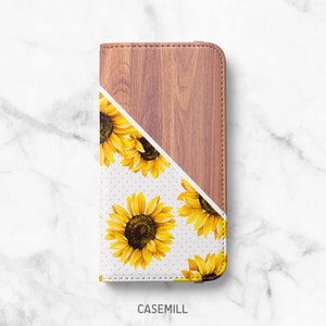 Étui folio tournesol pour iPhone - Étui portefeuille en similicuir avec motif floral - Compatible avec les modèles d'iPhone 13, 14, 15, 16 Pro et Max