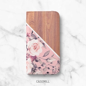 Pink Rose Wood Print Wallet Case for iPhone 14, 14 Plus, 14 Pro, 13 Mini, 13 Pro, 12 Pro Max, 12 Pro, 11, 11 Pro Max, SE, XR, XS, 8, 8 Plus,