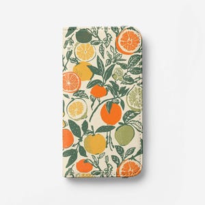 Funda para teléfono tipo billetera de piel sintética con diseño de frutas y tarjetero