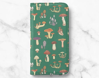 Mushroom Faux Leather Wallet Case for iPhone 18 Pro, 17, 16 Pro Max, 16e, 15 Plus, 14 Pro, 13 Mini - Samsung S26, S25, S24, S23 Ultra
