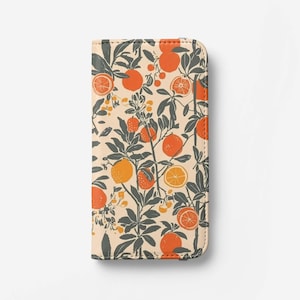 Funda para teléfono tipo billetera de piel sintética con diseño de flor de naranja y frutas botánicas con tarjetero