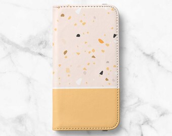 Yellow Terrazzo Wallet Phone Case for Samsung Galaxy S26, S25, S24 Ultra, S23 Plus, S22, S21, S20 - Faux Leather Folio Flip Cover