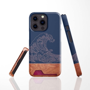 Porte-cartes Wave japonais pour iPhone 15 Pro, 13 Mini, 14 Pro Max / Étui pour Samsung S22, S22 Plus, S22 Ultra, S21 avec fente pour carte