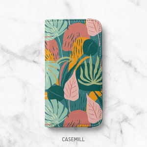 Capa tipo fólio com estampa de folhas da selva para iPhone 14, 14 Plus, 14 Pro, 13 Mini, 13 Pro, 12 Pro Max, 12 Pro, 11, 11 Pro Max, SE, XR, XS, 8, 8 Plus
