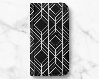 Black Geometric Folio Wallet Case For Samsung Galaxy S21, S21 Plus, S21 Ultra, S20, S20 Ultra, S10, S10 Plus, S9, S9 Plus, S8, S8 Plus.